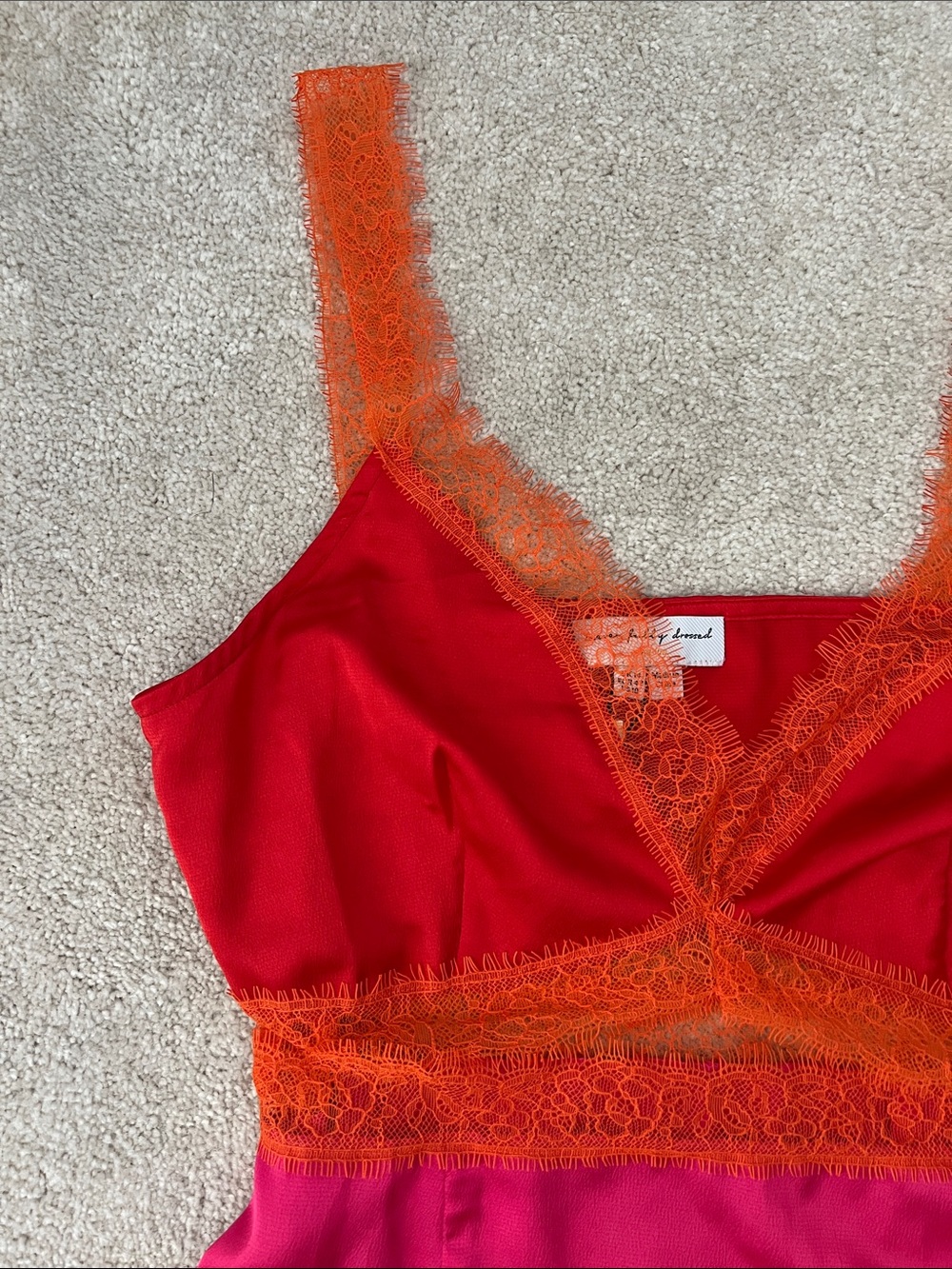 Never Fully Dressed Pink and Red Lace-Trim Slip Dress with Orange Lace Accents - Picture 3 of 9